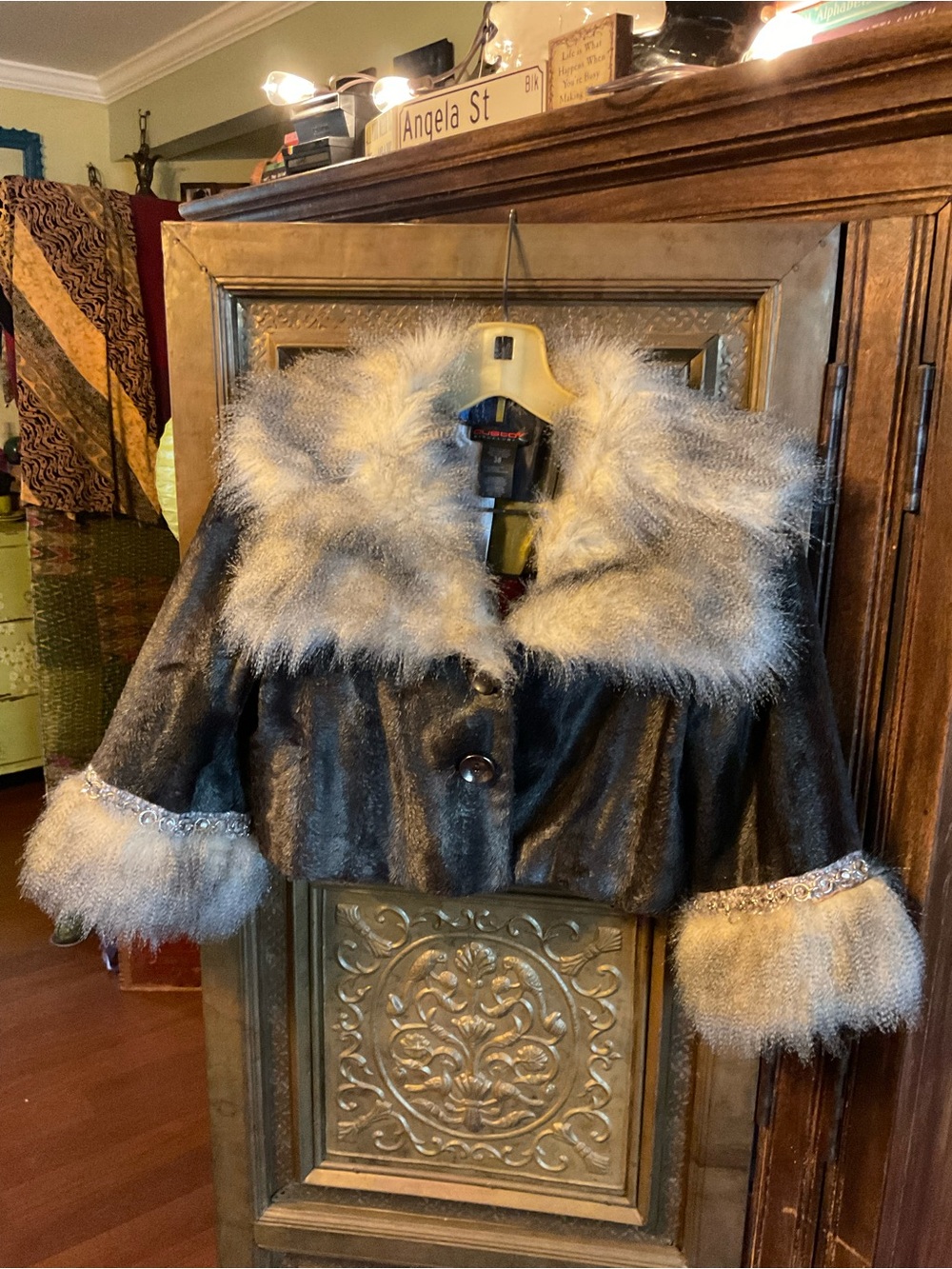 Custo Barcelona charcoal Gray Cropped Jacket with Silver Faux Fur Trim